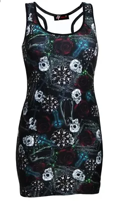 Buy Ladies Gothic Cat Skull Roses Wiccan Cross Black Magic Long Vest Top Alternative • 21.99£
