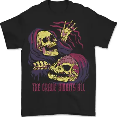 Buy The Grave Awaits All Grim Reaper Skulls Mens T-Shirt 100% Cotton • 8.99£