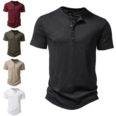 Buy Mens Plain Short Sleeve Henley T Shirt Summer Casual Pullover Loose Top Blouse • 11.89£