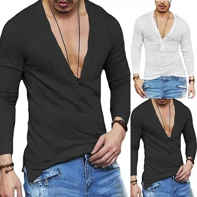 Buy Mens Plain Black Slim Long Sleeve Tshirt V Neck Deep V Neck Button Tops Tee • 15.86£