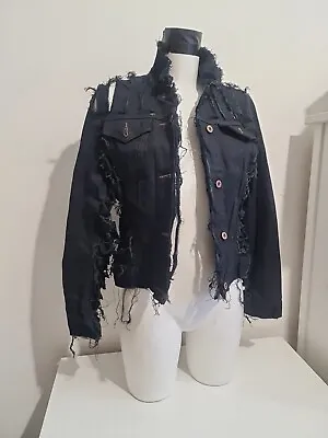 Buy Distressed Denim Jeans Jacket Dark Blue Punk Rock Trashy Frayed Heavy Metal Emo • 8£