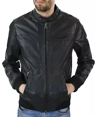 Buy Mens Slim Fit Black Retro Smart Casual Real Leather Bomber Jacket Collarless • 120.99£