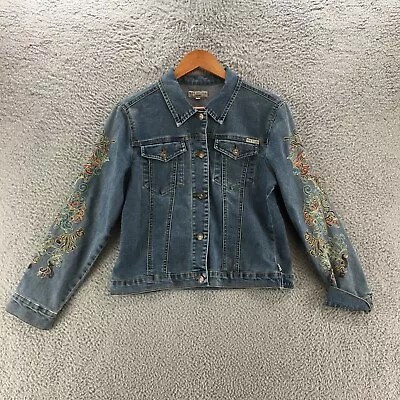 Buy Max Studio Jeans Denim Jacket Womens Small Blue Button Up Embroidered Sleeves • 18.94£