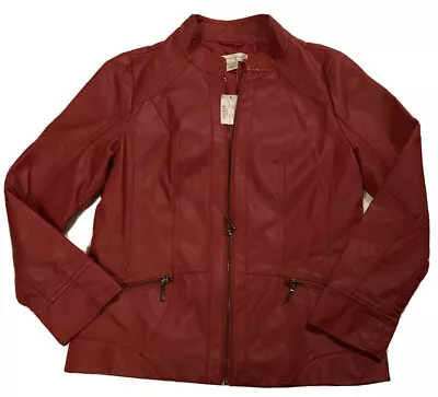Buy Christopher & Banks Jacket Womens Small Red Vegan Faux Leather Moto Zip Front • 36.68£