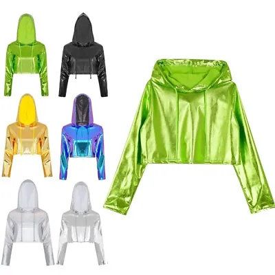 Buy Womens Shiny Metallic Long Sleeve Hoodie Drawstring Hooded Crop Top Sweatshirts  • 10.03£