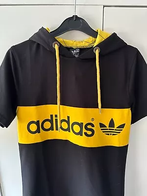 Buy Rare Adidas Long Fit Hooded Dress - Black With Yellow Logo, Size 8, Unique • 29.99£