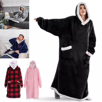 Buy MenWomen Long Hoodie Blanket Oversized Hooded Sweatshirt Sherpa Fleece Nightwear • 14.95£