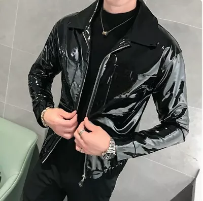 Buy Mens Faux Patent Leather Jacket Glossy Long Sleeve Motorcycle Outwear Slim Fit • 31.32£