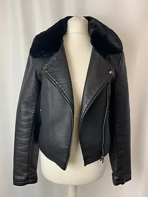 Buy Topshop Faux Leather Black Jacket UK6 Fur Collar Biker Short Full Zip L12 • 4.74£