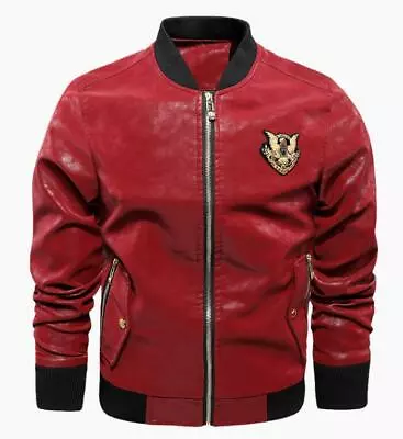 Buy New Men Slim Leather Jacket Round Neck PU Bike Coat Baseball Collar Outwear Tops • 39.59£