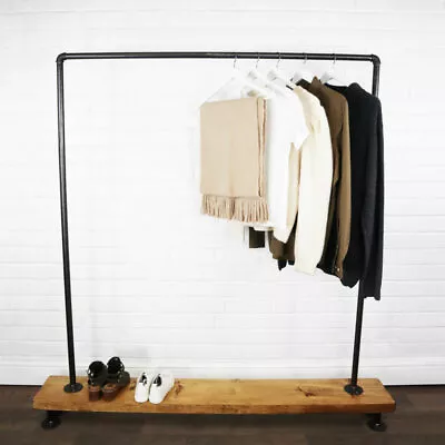 Buy Industrial Free Standing Clothing Rail On Wooden Base, Raw Steel Pipe Rustic! • 179.95£