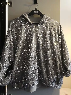 Buy DKNY Silver Sequin Glittery Sparkly Zip Up Hoodie Size XL • 35£