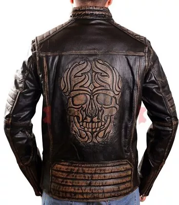 Buy Men's Real Distressed Leather Biker Jacket Hand Waxed Skull Back Jacket UK STOCK • 59£