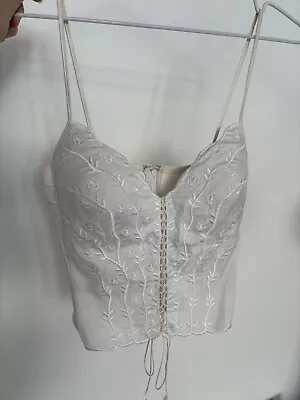 Buy Vintage La Perla 90s Y2K Corset Top White Embroidered Tie Up Strap Camisole M • 50£