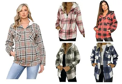 Buy Ladies Womens Checked Fleece Jacket Shacket Winter Shirt Plus Sizes Hooded 8-30 • 18.99£