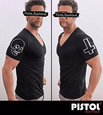 Buy Pistol Boutique Men's Fitted Black Deep V Neck Sleeve DOODLE SKULL CROSS T-shirt • 23.79£