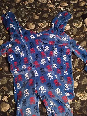 Buy M&S 2 X Blue Skull Print One Piece Hooded Fluffy  Pyjamas, Age 9-10 • 5.95£