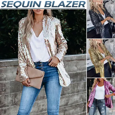 Buy Womens Sequin Blazer Suit Glitter Open Front Thin Jacket Ladies Party Outwear • 19.99£