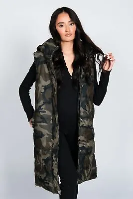 Buy Ladies Long Line Hooded Puffer Gilet Jacket Padded  Body Warmer Side Zips  • 18.99£