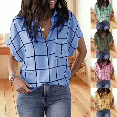 Buy Womens Plaid Check Short Sleeve T Shirts Ladies Summer Casual Blouse Tops Size16 • 12.39£