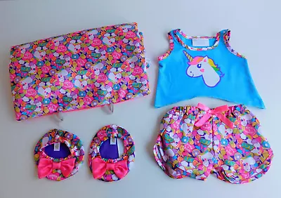 Buy Build A Bear Girls Clothes Nightwear Set Rainbow Unicorn Pyjamas, Slippers, Bag • 13.99£