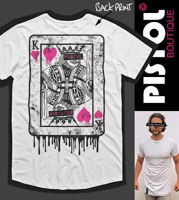 Buy Pistol Boutique Men's White Long Line Crew KING OF HEARTS Back Print T-shirt • 26.99£
