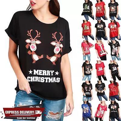 Buy Womens Ladies Basic Turn Up Sleeve Christmas Printed Xmas Baggy T Shirt Tee Top • 6.29£