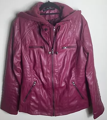 Buy Nwot - Newbestyle Red/burgundy Faux Leather Hooded Long Biker Jacket. Size L • 12£