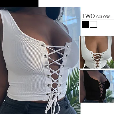 Buy Women Sexy Bandage Tank Crop Top Hollow Lace Up Low Cut U-Neck Camisole Vest • 12.59£