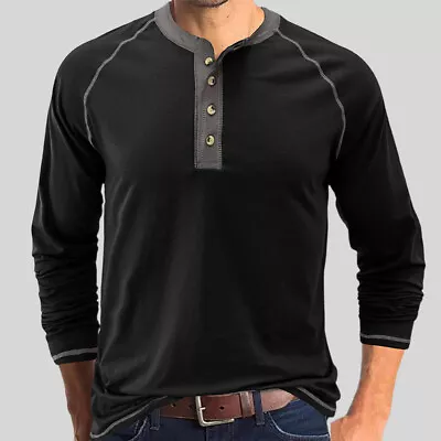 Buy Mens Henley Shirts Tops Casual Long Sleeve Grandad Button Neck T Shirt Blouse 44 • 10.49£