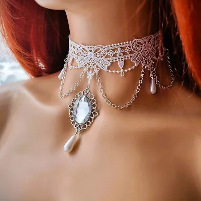 Buy Pearl White Lace Choker Necklace Bridal Jewelry Womenl Punk Style Wedding Tassel • 5.99£