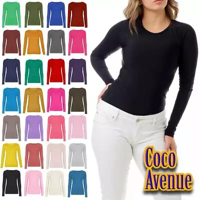 Buy Ladies Round Neck Top Long Sleeve T-Shirt Stretchy Jersey Plain Basic Casual Top • 6.97£