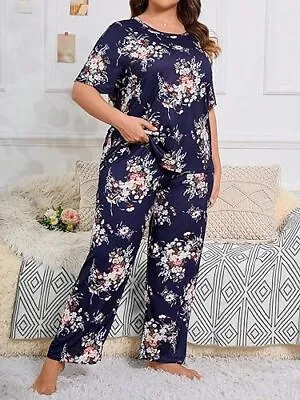 Buy Pyjama Set Plus Size 18 20 22  Ladies Navy Floral Stretchy Loungewear Comfort • 13.49£