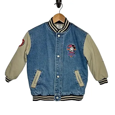 Buy Vintage Disney Kids Mickey Mouse Varsity Denim Bomb Jacket Size XS(4/5) Classic • 64.28£