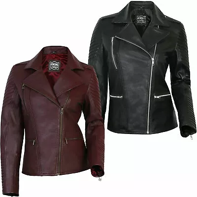 Buy Ladies Women's Cross Zip Slim Fit Biker Style Soft Lambskin  Real Leather Jacket • 39.99£