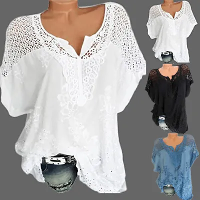 Buy Womens Ladies Pullover Lace Hollow Tops Blouse Baggy Short Sleeve Casual T Shirt • 8.98£