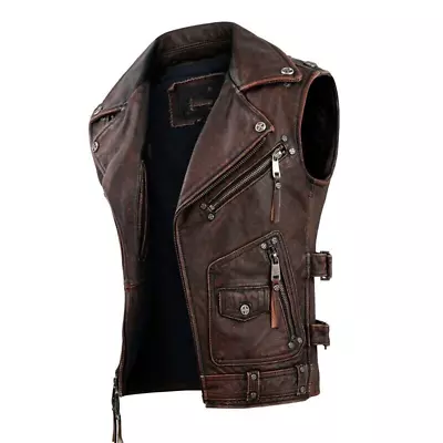 Buy Men's Vintage Brown Motorcycle Vest Men Genuine Cowhide Riding Sleeveless Jacket • 23.25£