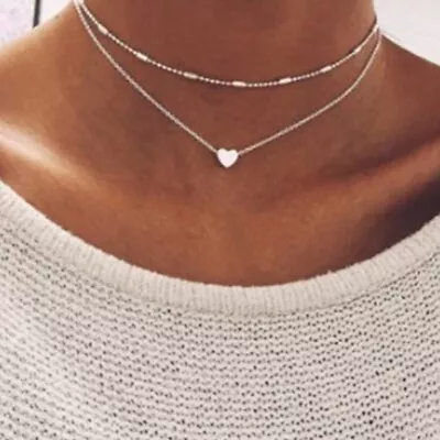 Buy Choker Heart Pendant Charm Gold Silver Jewelry Gift Double Chain Necklace Layers • 3.69£