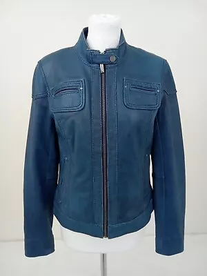 Buy Michael Kors Women's Leather Jacket Size M Blue Pockets Zip Elbow Patch Used F1 • 0.99£