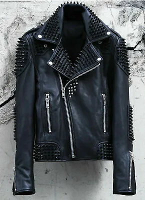 Buy Mens Full Punk Black Metal Spiked Studded Real Leather Biker Jacket With Pockets • 165£