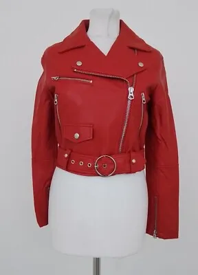 Buy Women's Biker Jacket Red Faux Leather Belted Pockets Collared Zip Lined New F1 • 14.99£