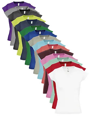 Buy SOLs Ladies Womens Plain Cotton Vee V-Neck Tee TShirt T-Shirt Top S -3XL • 8.99£