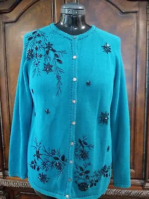 Buy Star Blue Originals Green Christmas Sweater Black Beading Button Up Women's M • 11.34£