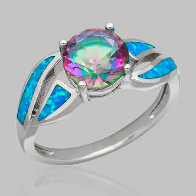 Buy Blue Fire Opal 8mm Mystic Topaz Silver Jewellery Cocktail Ring Size N Q S 7 8 9 • 4.90£