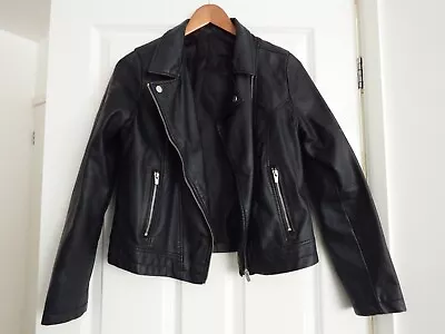 Buy Black Faux Leather Long Sleeve Zipped Lined Collared Biker Jacket Size S / 8-10  • 19.99£