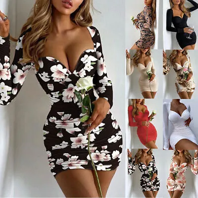 Buy Sexy Women Long Sleeve Bodycon Floral Evening Cocktail Party Clubwear Mini Dress • 3.09£