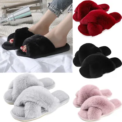 Buy Ladies Womens Slippers Fluffy Furry Cross Over Open Toe Warm Winter Mules Slider • 4.93£