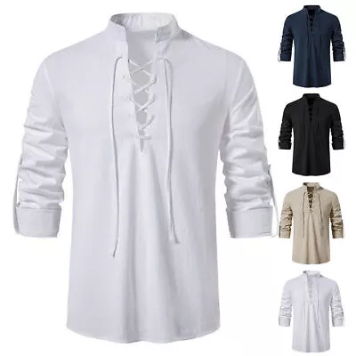 Buy Mens Medieval Shirts T-Shirt Lace Up V Neck Blouse Tops Clothes Cosplay Costume • 20.28£