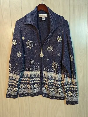 Buy Vintage Xmas Cardigan Sweater Womens 26/28 Blue Snowflakes Full Zip Winter • 24.58£