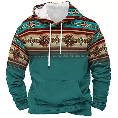 Buy Casual Men's Hooded Pullover Sweatshirt With Ethnic Aztec Print And Graphic • 23.04£